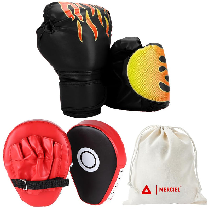 MERCIEL Boxing Gloves and Mitts Set Lightweight Kids Boxing Gloves & Adult Punching Mitts, Includes Storage Bag, One Size Fits Most Black