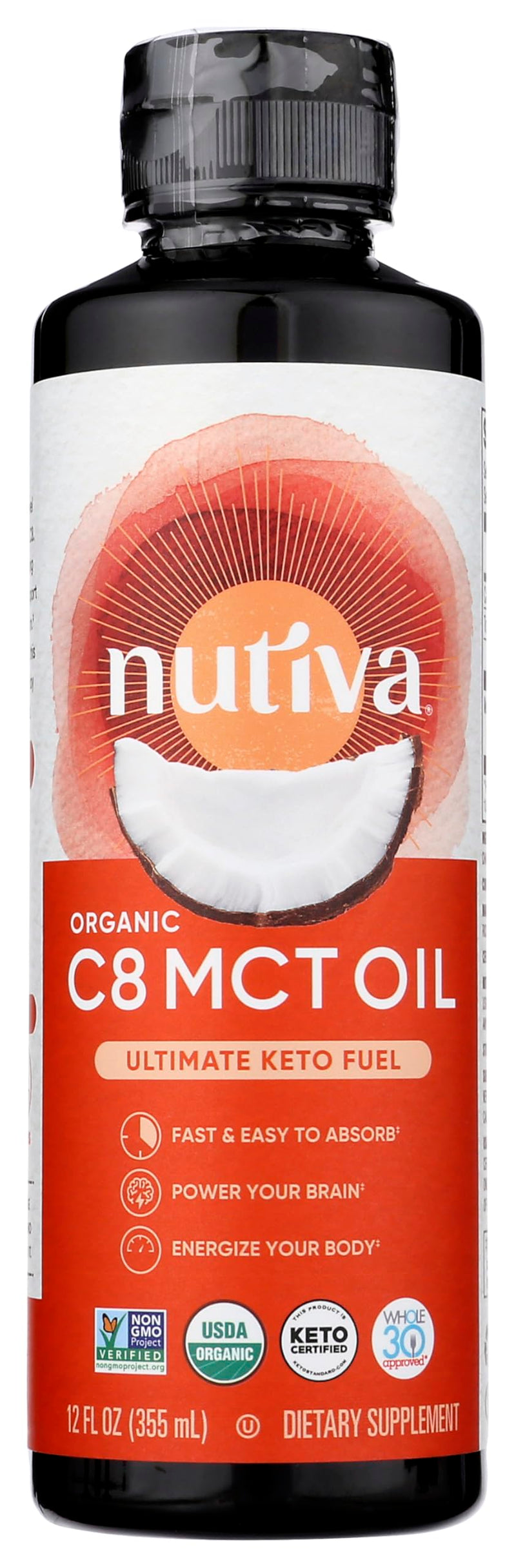 Nutiva Organic MCT Oil C8. 12 Fl Oz. Unflavored Medium Chain Triglycerides from Non-GMO Coconut. Ultimate Keto Fuel, Pure MCT Oil for Coffee, Low Carb, Energy and Metabolism Support - BeesActive Australia