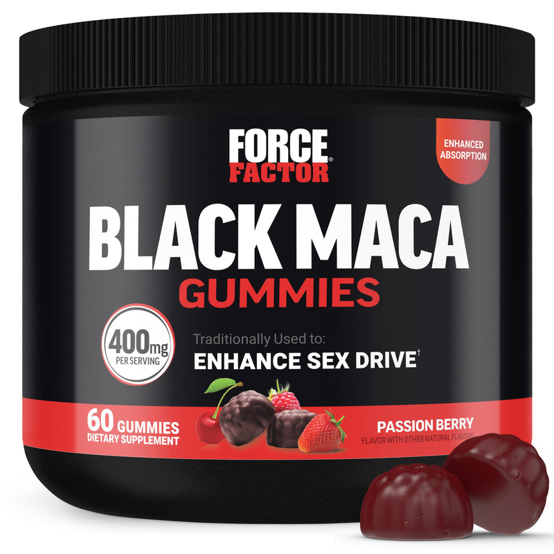 Force Factor Black Maca Gummies for Men & Women | Boost Energy, Strength, Drive & Vitality, Superior Absorption, Peruvian Black Maca Root, Passion Berry, 60 Gummies 60 Count (Pack of 1)