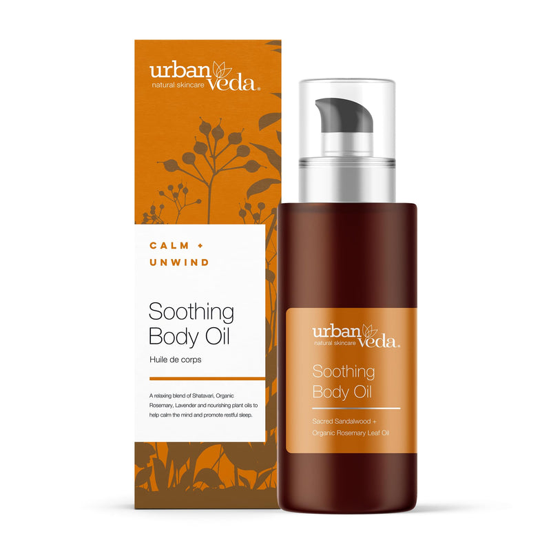 Urban Veda Soothing Body Oil | COSMOS Certified Body Massage Oil for Sensitive Skin | Organic Vitamin E Oil & Sweet Almond Oil for Skin | Calming and Soothing Body Oil for Women and Men | 3.40 Fl oz Sandalwood & Rosemary Oil