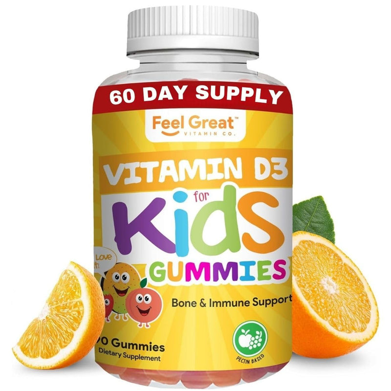 Vitamin D3 + K2 1000IU Gummy Vitamins for Kids (60 Day Supply) by Feel Great Vitamin Co | 60 Gummies | Delicious Plant Based Gummies | Supports Healthy Bones, Teeth, Mood, Immune System* | Vitamin D3 for Immune & Bone Support, Citrus Flavor, Vegetarian...