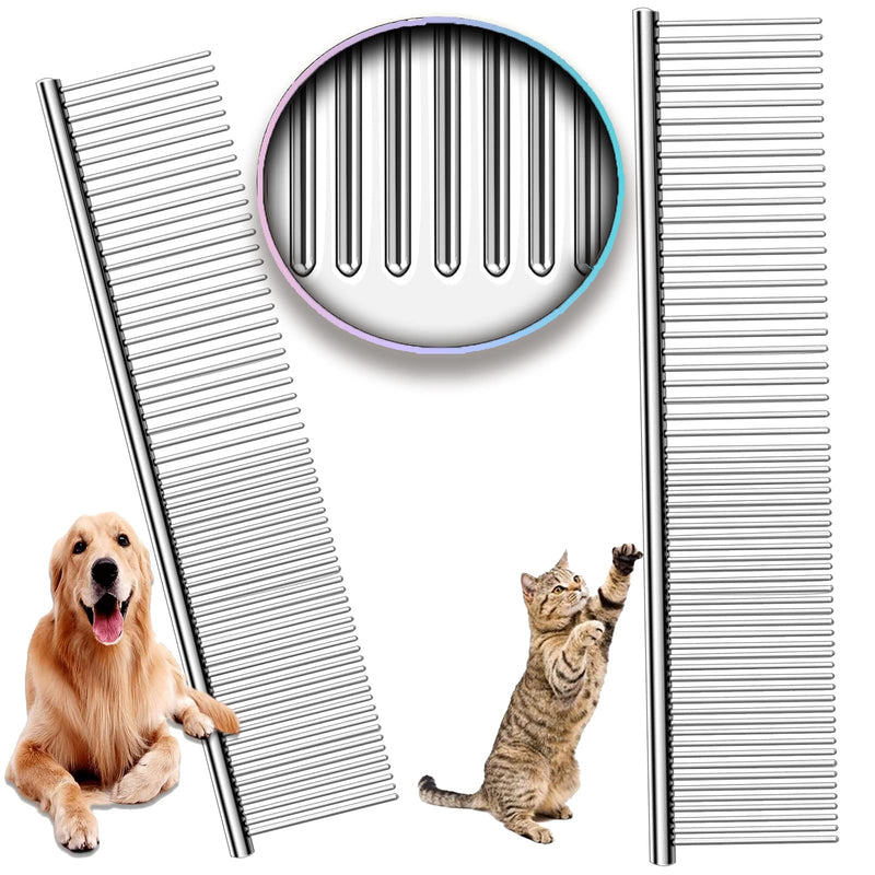 Metal Comb for Dogs, Metal Dog Combs, 2 Pack Cat Comb with Rounded Ends Stainless Steel Teeth, Professional Grooming Tool for Long and Short Matted Haired, Njiszhi 7.48IN*1.57IN - BeesActive Australia