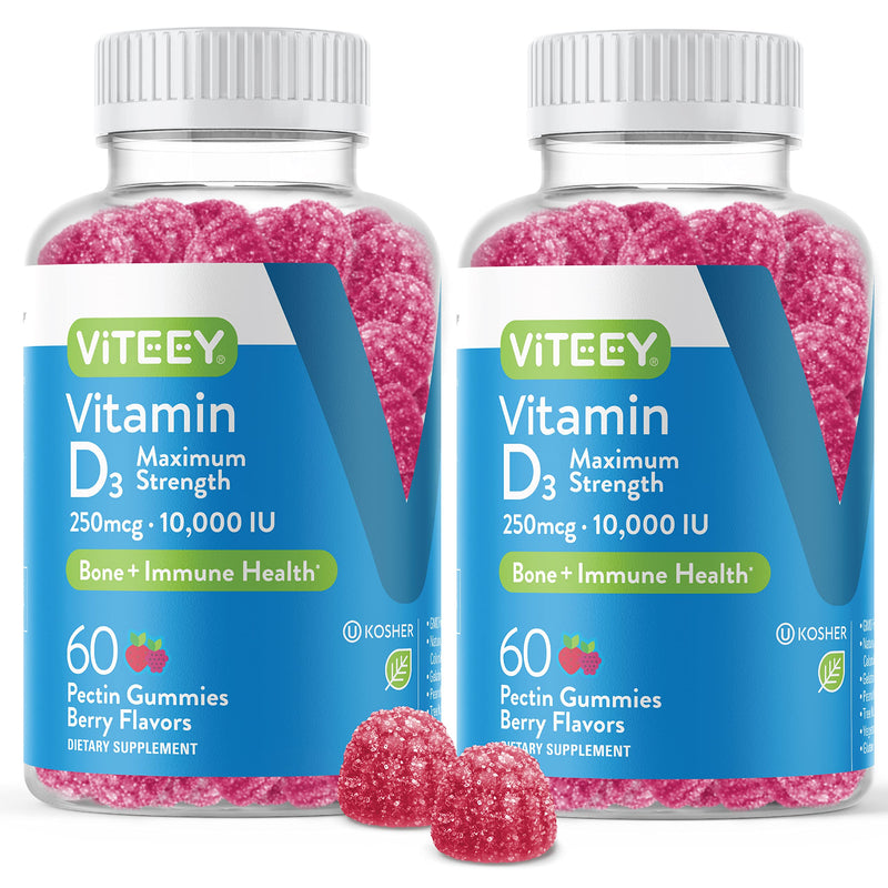 Viteey Vitamin D3 Gummies for Adults & Teens - 10,000 IU, 250mcg | Maximum Strength - Joint & Muscle Health, Immune Boost - Chewable Vitamin D Gummies - Vegetarian, Gelatin Free - 120 Count 60 Count (Pack of 2)