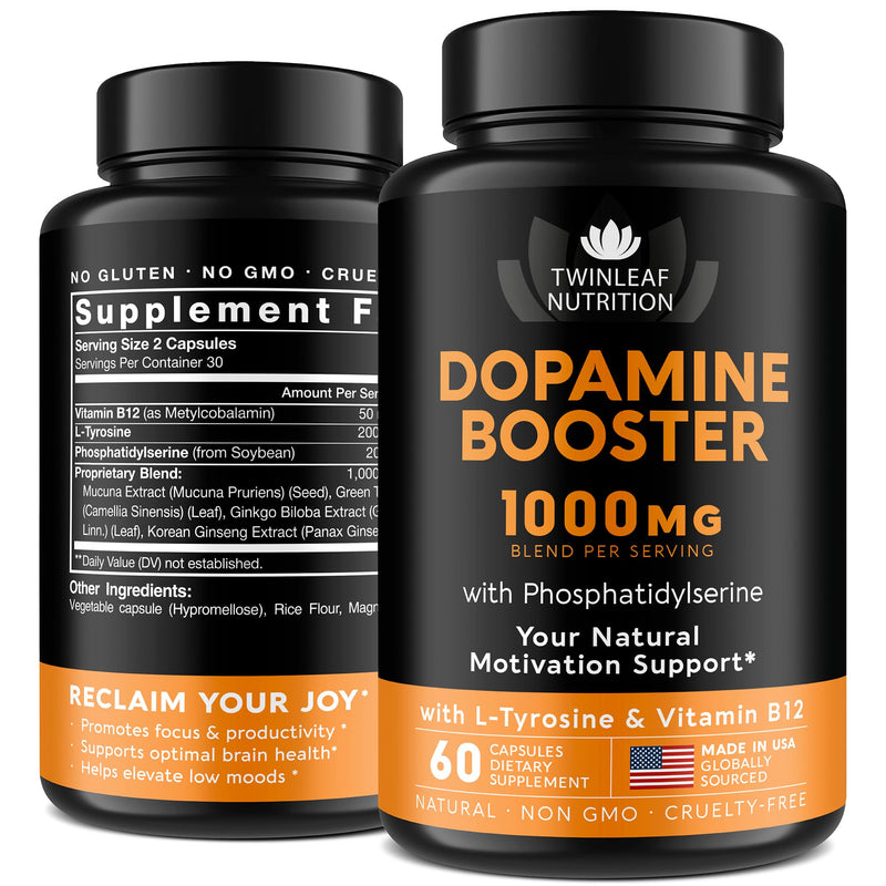 Dopamine Brain Support Supplement - DMAE, Vitamin B12 & L-Tyrosine, 60 caps | Supports Focus, Memory & Mental Clarity - 1000mg Blend with Mucuna Pruriens, Ginkgo Biloba, Green Tea, Ginseng White