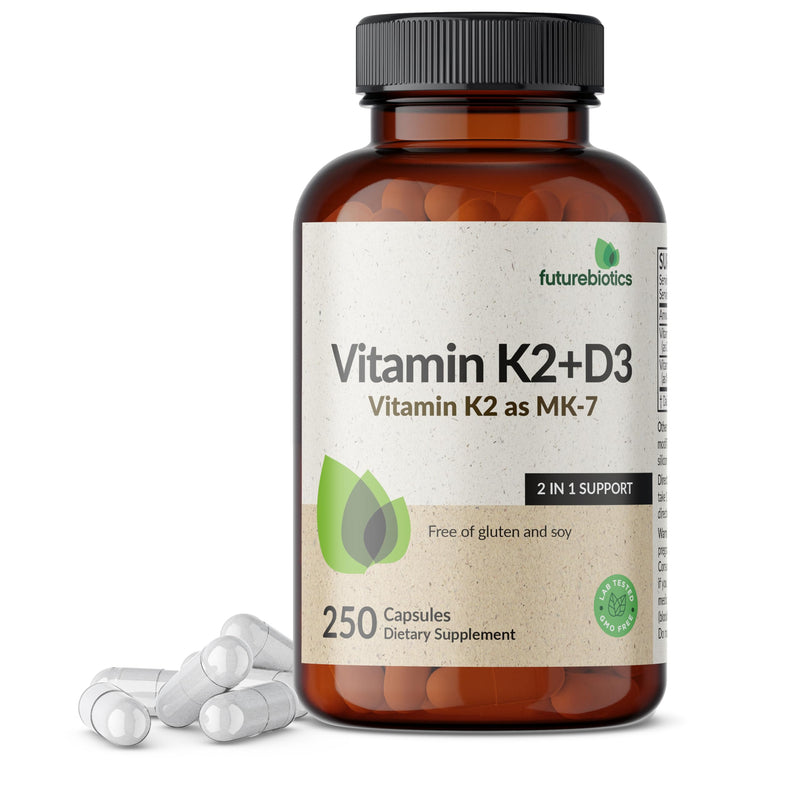 Futurebiotics Vitamin K2 MK-7 90 mcg + D3 5000 IU, 250 Vegetarian Capsules | 2-in-1 Bone, Immune & Heart Health Support, Helps Transport Calcium to Bones, Non-GMO, Gluten-Free & Soy-Free 250 Count (Pack of 1)