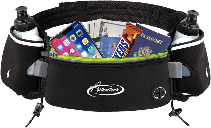 AiRunTech Hydration Running Belt with Water Bottle, Running Fanny Pack for Phone and Wallet Holder, Running Bag Runners Essentials Accessories Marathon Triathlon Walking Jogging Gear Gift BK+GN 2*10 OZ bottles - BeesActive Australia