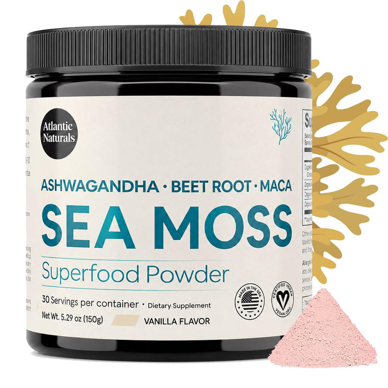 Atlantic Naturals Superfood Organic Sea Moss Powder Blend with Ashwagandha, Maca Root & Beet Root | Ideal for Healthy Skin, Positive Mood & Energy | Vanilla Flavor (150g)