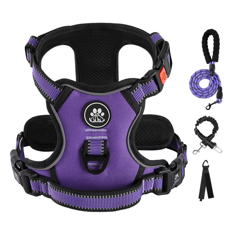 IVY&LANE No Pull Dog Harness for Medium Dogs, Dog Vest Harness with Leash, Safety Belt and Storage Strap, Fully Adjustable Harness, 360° Reflective Strip, Soft Handle (Purple, M) Purple - BeesActive Australia