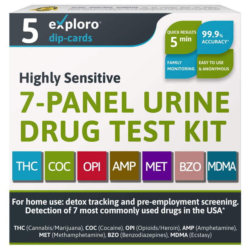 Exploro 7 Panel Drug Test Kit – at Home Urine Drug Test for THC, Cocaine, Opiates, Amphetamines, Benzodiazepines, MDMA & Methamphetamines – Easy & Accurate at Home Drug Testing Strips (Pack of 5) 5 Count (Pack of 1) - BeesActive Australia