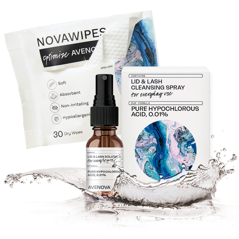 Avenova Eyelid and Eyelash Cleanser Spray with 30 Dry Wipes - Gentle Everyday Hypochlorous Acid Lid and Lash Cleansing Spray for Clearer and Healthier Eyes, 20mL