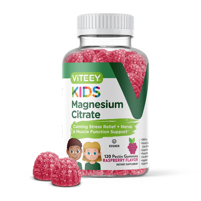 Viteey Kids Magnesium Citrate Gummies - Chewable Raspberry Flavored Gummy | Supports Sleep Aid, Calm Gummies, Muscle Relaxer, Optimal Relaxation - Vegetarian, Gelatin Free, Gluten Free, GMO Free 120 Count (Pack of 1)