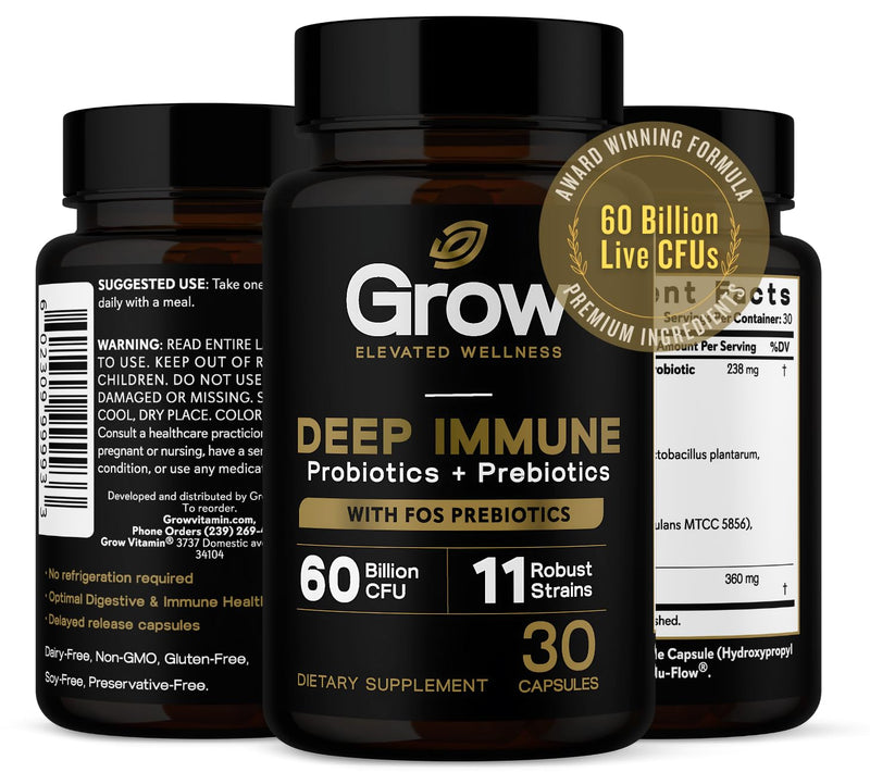 Grow Vitamin Deep Immune Probiotic and Prebiotic Supplement with 60 Billion CFUs for Digestive Health, Helps Ease Constipation, Diarrhea, Gas and Bloating - 30 Capsules