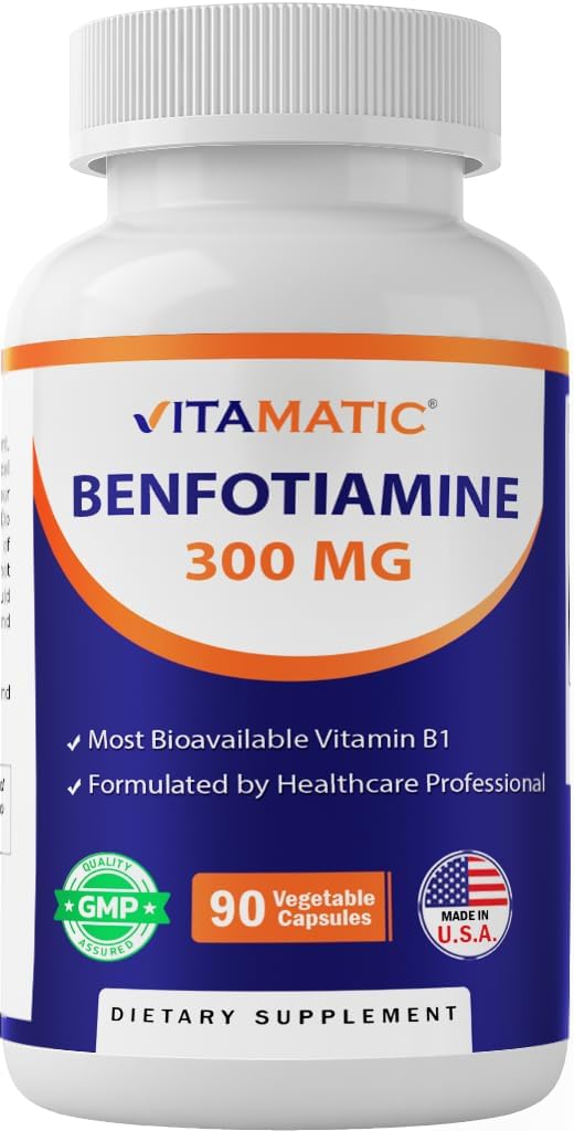 Vitamatic Benfotiamine 300 mg, 90 Vegetarian Capsules | Fat Soluble Form of Vitamin B1, Supports Healthy Energy Metabolism and Nervous System*, Non-GMO, Gluten Free, Made in USA 1 Bottle