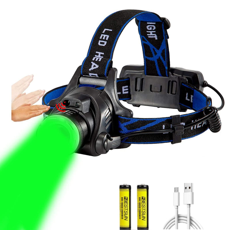 Green LED Headlamp Rechargeable Motion Sensor Super Bright Hunting Headlamps Waterproof Headlamp Flashlight Zoomable 3 Modes Headlight for Hunting Fishing Running