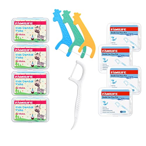 FAMILIFE Kid's Dental Floss Picks Without Fluoride,4 Travel Handy Cases Unflavored Flosser 120 Picks and Double Line Flossers 200 Count, Unwaxed Flossing