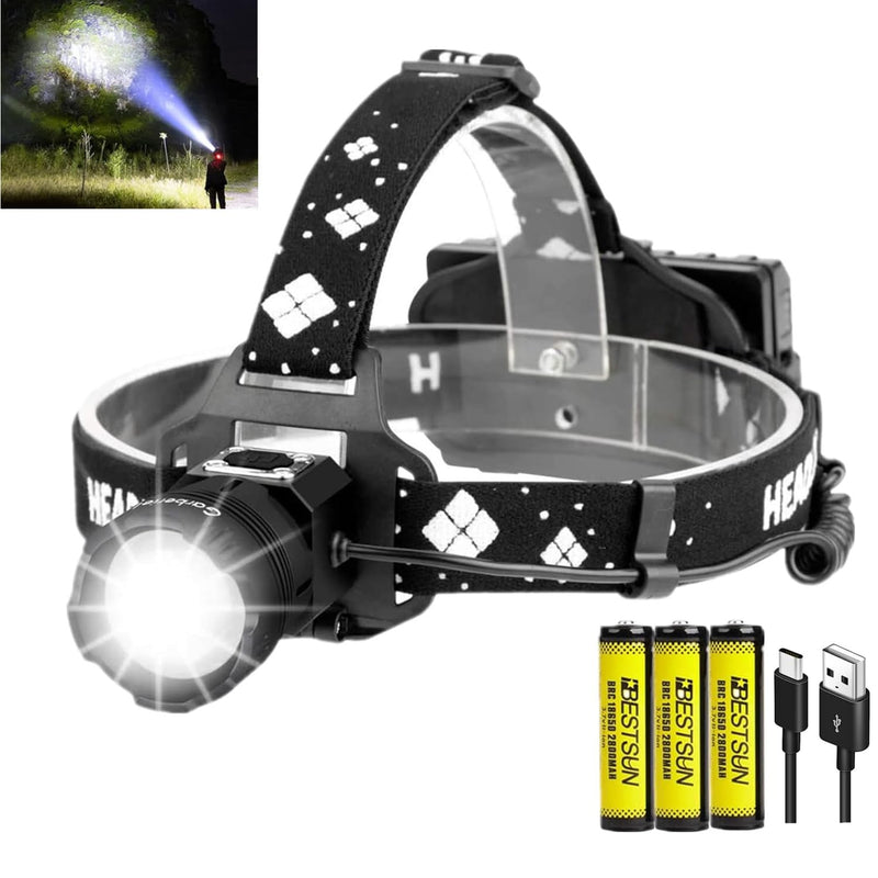 Rechargeable Headlamp Super Bright High Lumen, Powerful Zoomable 3 Modes Waterproof Headlight Motion Sensor LED Headlamps with Power Display for Camping Emergency