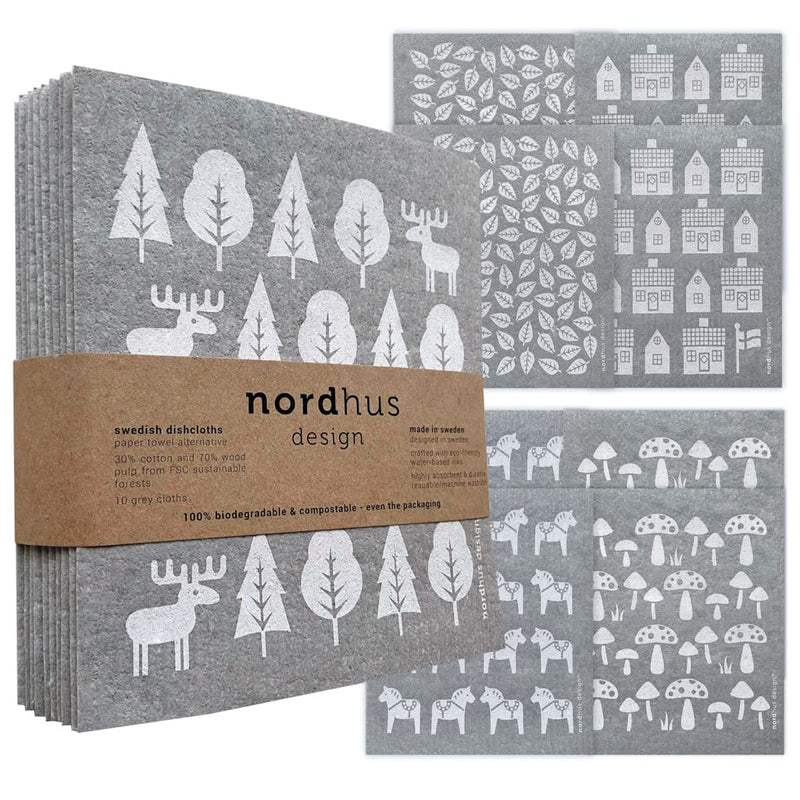 Nordhus Design Swedish Dishcloths 10 Pack – Wash Cloths and Reuse to Replace Paper Towels, Sponges and Dish Rags - Eco Friendly, Biodegradable, Absorbent and Fast Drying Dish Towels for Kitchen Nordic Forest - BeesActive Australia
