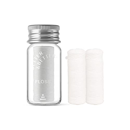 Better & Better Natural Floss in Refillable Glass Jar | 100% Plant-Based Waxed Dental Floss | with Natural Jojoba Oil & Peppermint, Zero Plastic | 3 Floss Bobbins (Each 30m/32.8yd)