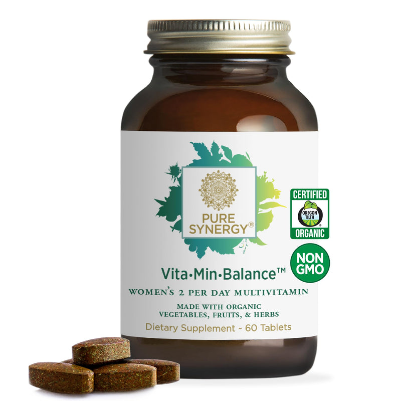PURE SYNERGY Vita·Min·Balance Multivitamin for Women with Iron (60 Tablets) | Women's Daily Multivitamin, Made with Organic Whole Foods, For Balanced Energy & Stress Support