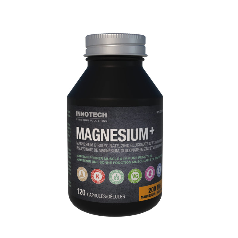 INNOTECH Nutrition Magnesium + 120 Capsules - Contains Magnesium Bisglycinate, Zinc Gluconate & Vitamins K2, MK-7 - Maintain Proper Muscle & Immune Function