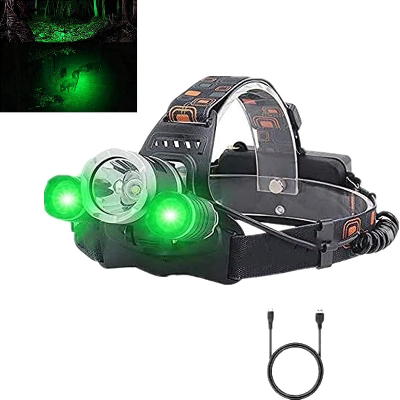 USB Rechargeable Green Light Headlamp,5000 High lumens Brightest White & Green LED Hunting Headlamps,IPX4 Waterproof Zoomable Work Headlight Head Flashlight for Camping, Hiking, Running