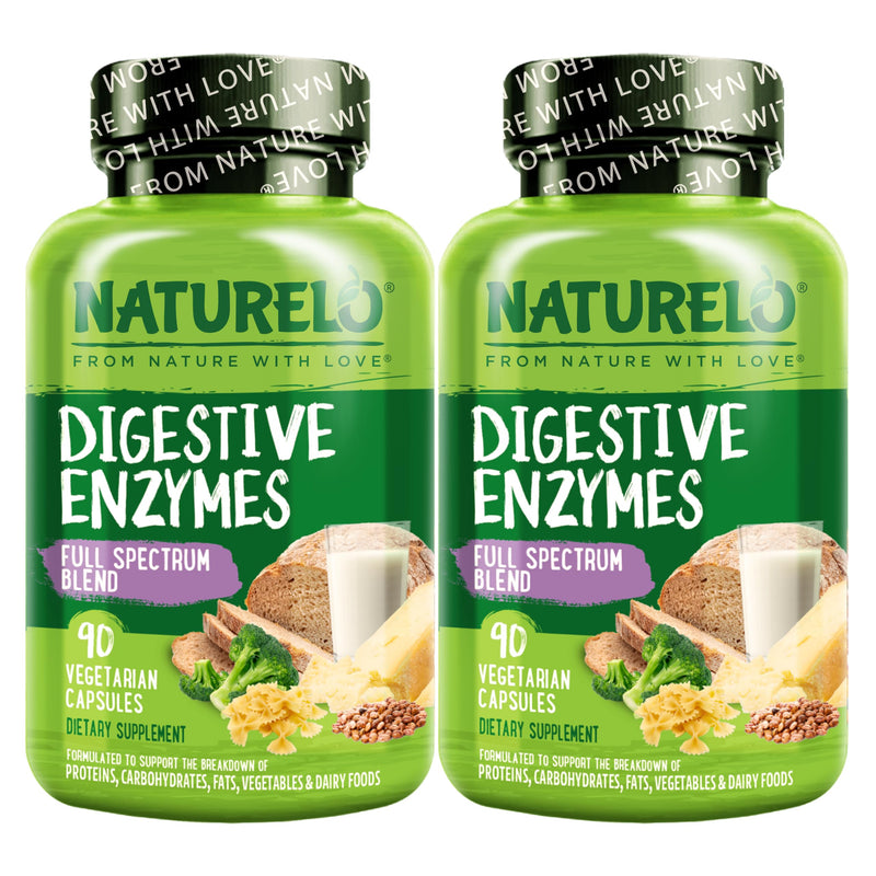 NATURELO Digestive Enzymes with Ginger, 90 Vegan Capsules, 2 Pack | Full Spectrum Support, Broad Blend of 15 Digestive Enzymes for Men and Women Unflavored 90 Count (Pack of 2)