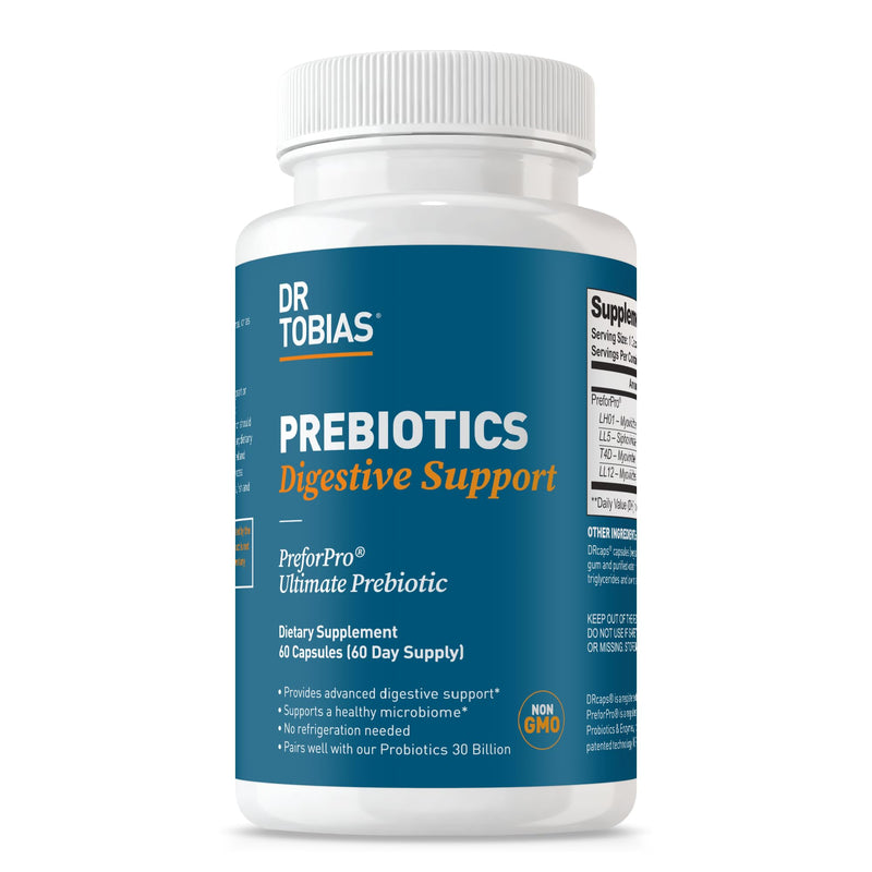 Dr. Tobias Prebiotics Digestive Support, Advanced Prebiotic Supplement for Gut Health, Immune Function & Boost for Probiotics for Women & Men, Vegan, Non-GMO, 60 Capsules, 60 Servings 60 Count (Pack of 1)