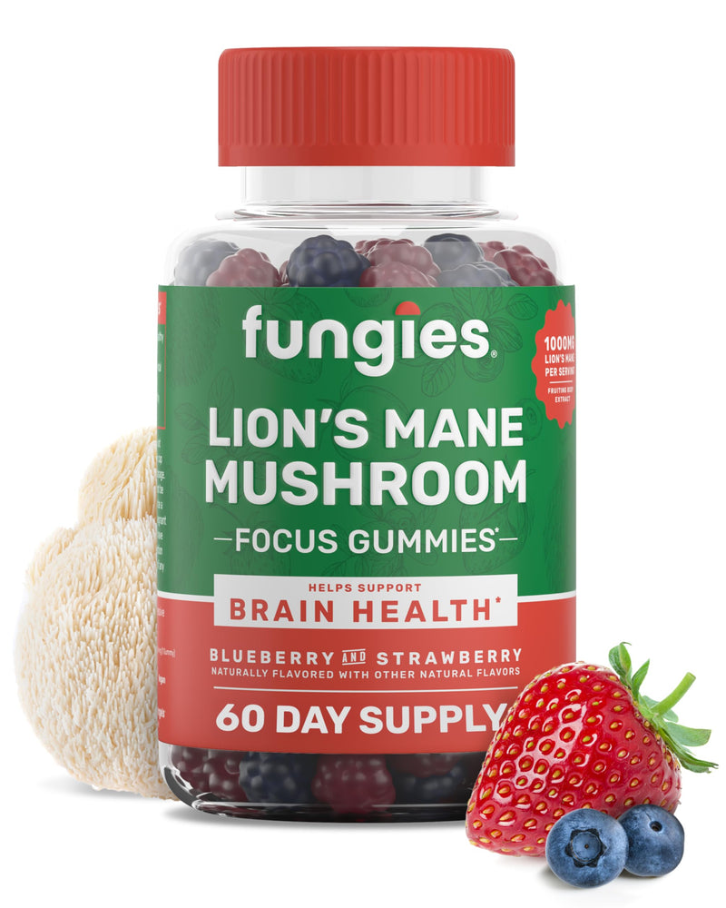 Fungies Lion's Mane Mushroom Gummies, Mixed Blueberry & Strawberry Flavor - Mushroom Supplement Gummy for Adults & Children Supports Brain Health, Cognitive Function, Focus, Memory & Mood, 60 Servings Lion‚Äôs Mane