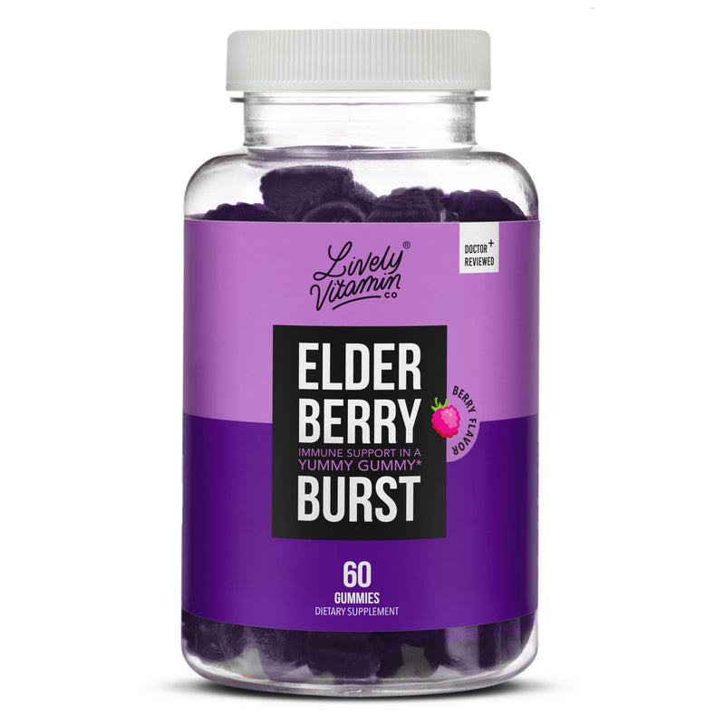 LIVELY VITAMIN CO. Elderberry Burst Gummies for Kids & Adults - Boosts Immune Health - Helps Avoid Colds & Illness - Black Elderberry, Vitamin C & Zinc - 3 Grams of Sugar - No Gelatin - 60 Gummies 60 Count (Pack of 1)