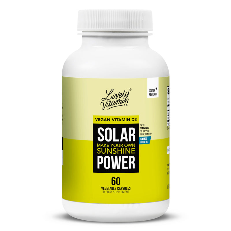 LIVELY VITAMIN CO. Solar Power Vitamin D3 2000 iu - Patented Vitamin K - MK7 - Immune Balance - Brain Function - Mood - Heart - Stress - 60 Count 60 Count (Pack of 1)