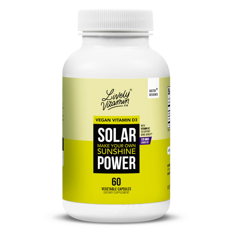 LIVELY VITAMIN CO. Solar Power Vitamin D3 5000 iu - Patented Vitamin K - MK7 - Immune Balance - Brain Function - Mood - Heart - Stress - 60 Count 60 Count (Pack of 1)