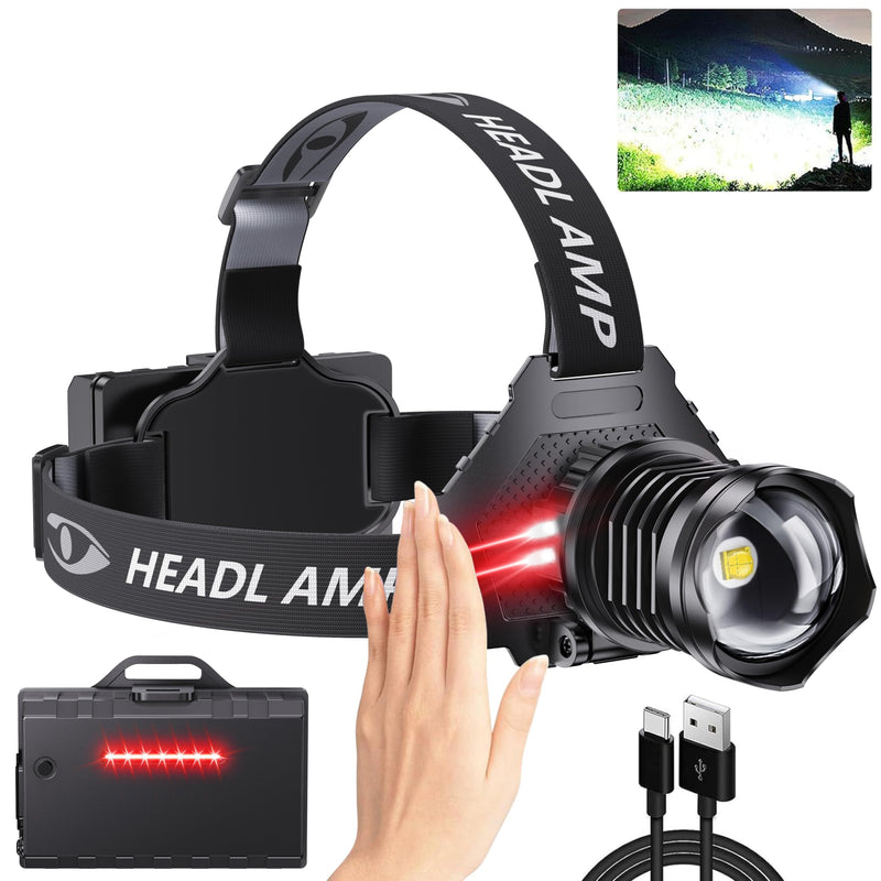 AMAKER LED Rechargeable Headlamp, High Lumens Super Bright with 5 Modes & IPX7 Level Waterproof USB Rechargeable Zoom Headlamp, 90° Adjustable for Outdoor Camping, Running, Cycling, Climbing MR-AG