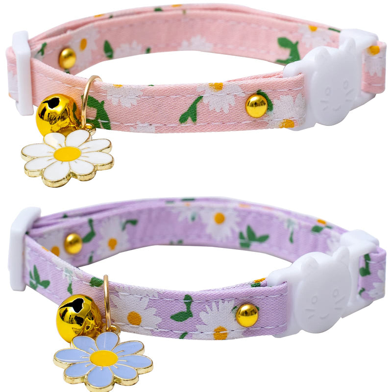 2 Pack Cotton Breakaway Cat Collars with Bell Flower Pendant Kitty Kitten Collars Pink Purple Collar for Female Girl Cats Male Boy Cats Pink&Purple - BeesActive Australia