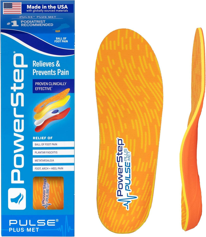 PowerStep Pulse Plus Met - Ball of Foot Pain Relief Shoe Insoles - Running Shoe Orthotics for Metatarsal Foot Pain, and Morton's Neuroma Relief - Made in The USA (M 10-10.5, W 12) Orange/Yellow Men's 10-10.5 | Women's 12