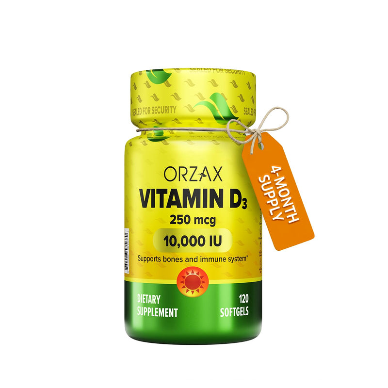 ORZAX Vitamin D3 10000 iu (250 mcg) – Non-GMO, Gluten Free, Sugar Free, Dairy Free – 120-Day Supply for Strong Muscle Function & Immune Support – Mood Supplement for Wellness (120 Softgel) 10.000 IU