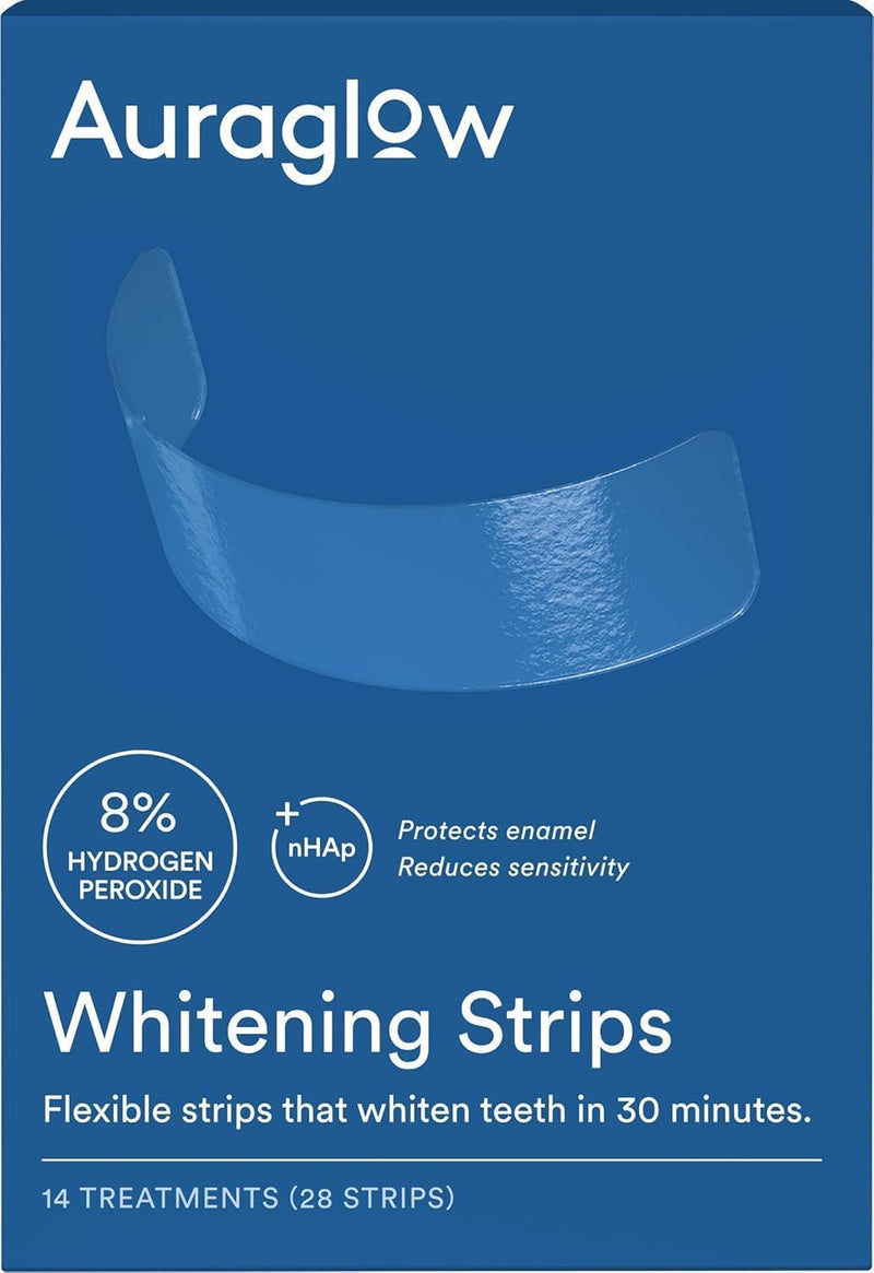 Auraglow Teeth Whitening Strips, Sensitive Whitening Strips, 14 Whitening Treatments, 8% Hydrogen Peroxide with Nano Hydroxyapatite (nHAp) to Reduce Sensitivity and Protect Enamel, 28 Strips, Mint Mint - 8%