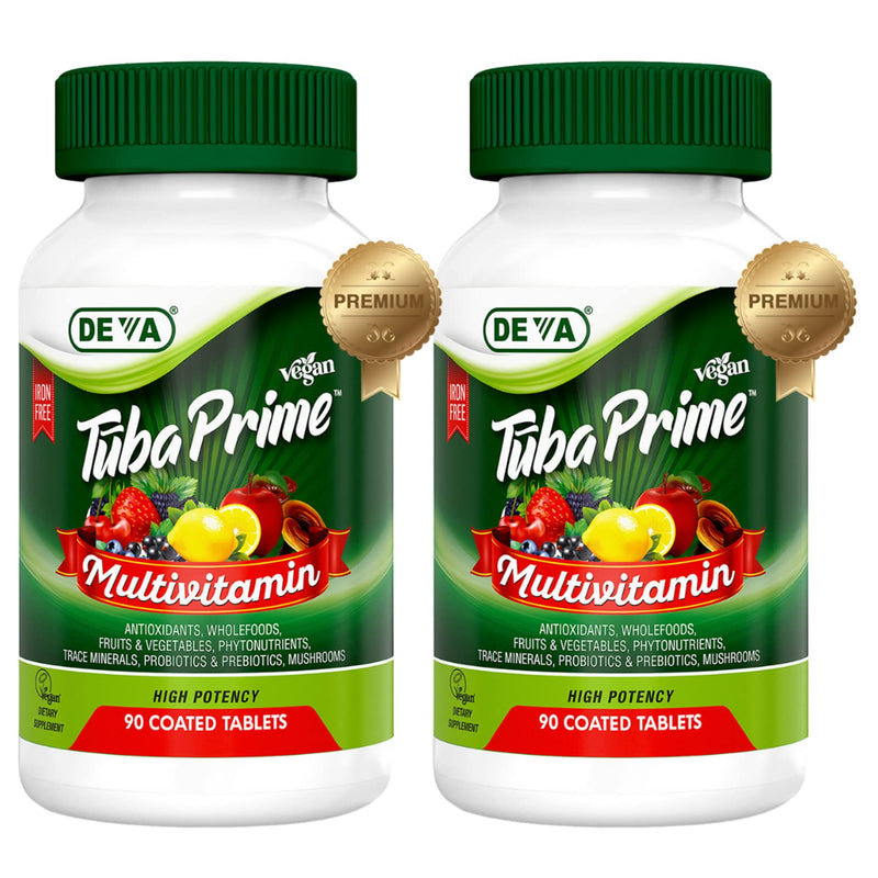 DEVA Tuba Prime Vegan Multivitamin Iron-Free High-Potency Vitamin & Mineral Dietary Supplement Antioxidants, Fruit & Veg Blend, Super Mushrooms, Probiotics, Prebiotics, Seeds, Herbs 90 Tabs 2-Pack (Pack of 2)