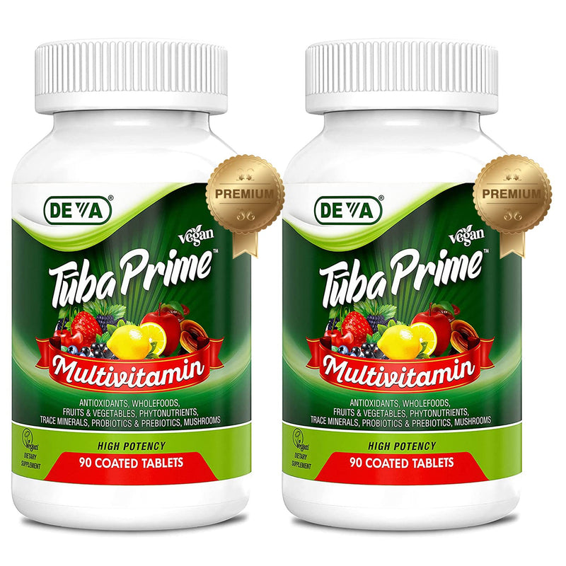 DEVA Tuba Prime Vegan Multivitamin High-Potency Vitamin and Mineral Dietary Supplement Antioxidants, Fruit and Vegetable Blend, Super Mushrooms, Probiotics, Prebiotics, Seeds, Herbs - 90 Tabs, 2-Pack 90 Count (Pack of 2)
