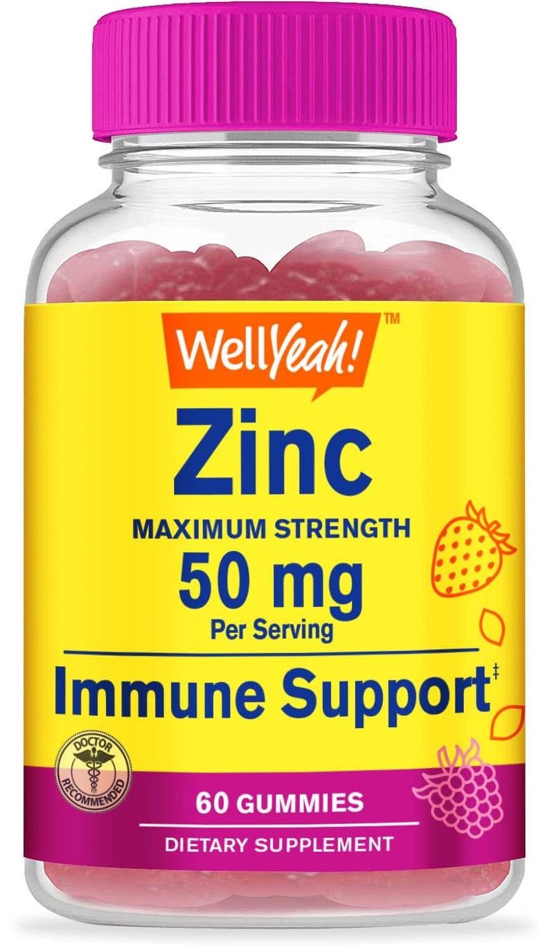 WellYeah Zinc Gummies 50 mg - Supports Healthy Immune Function and Antioxidant Health - Natural Berry Flavor - Gluten-Free, GMO-Free - Chewable Gummy Dietary Supplement - 60 Gummies 60 Count (Pack of 1)
