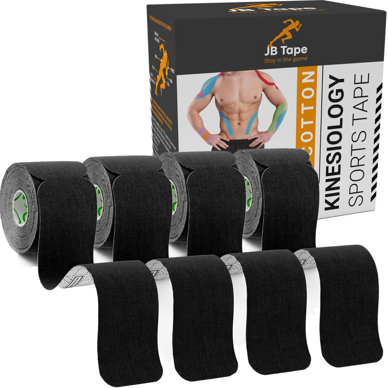JB Tape Kinesiology Tape – 80 Precut 10-Inch Strips – Black – Elastic, Latex-Free, Water Resistant – Athletic Muscle & Joint Support – 4 Rolls Black Jet