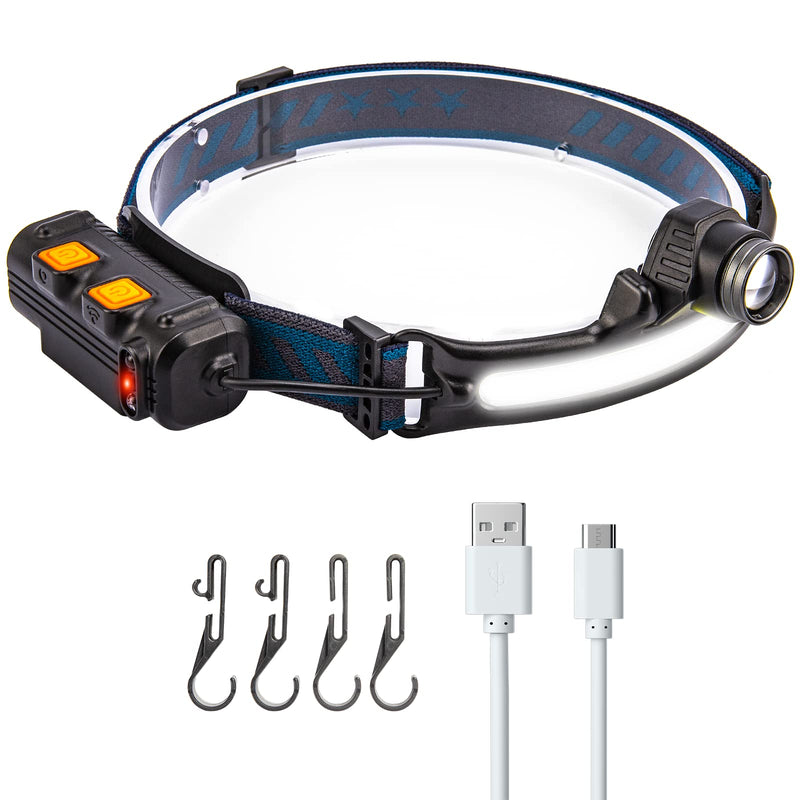 270°Wide Beam LED Head Lamp, Headlamp Rechargeable with 6 Lighting Modes Motion Sensor, Zoomable LED Headband for Hard Hat, Camping, Hiking