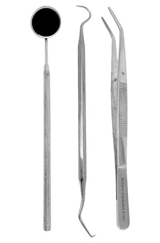 CynaMed Dental Tools Oral Care Kit (3-Pack) – Stainless Steel Dental Pick, Tartar Scraper, Scaler, Tweezers, and Mouth Mirror for Personal & Pet Use Pack 3