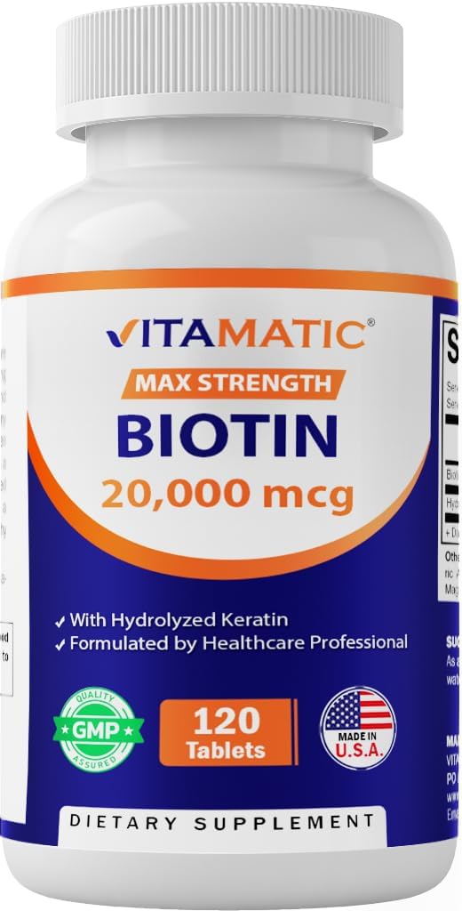 Vitamatic Biotin 20,000 mcg Tablets with Keratin, 120 Count - Made in USA | Supports Healthy Hair, Nails and Skins*, Non-GMO, Gluten Free 120 Count (Pack of 1)
