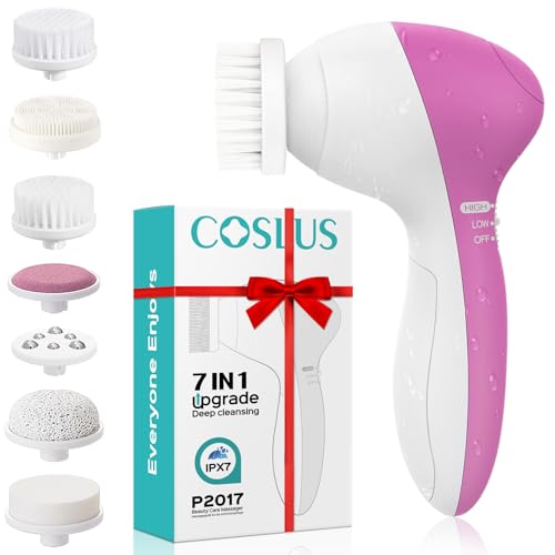 COSLUS Facial Cleansing Brush Face Scrubber, 7-in-1 Rotating Design Pearl Pink With 7 brush heads