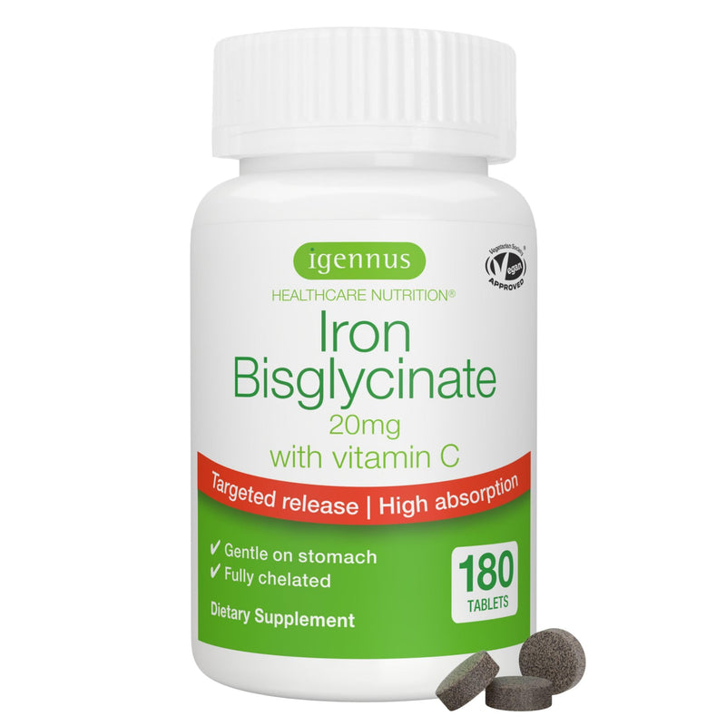 Igennus Clean Iron Bisglycinate 20mg with Vitamin C, 180 Tablets | Gentle and high-absorption chelated iron with targeted release; vegan 6-month supply