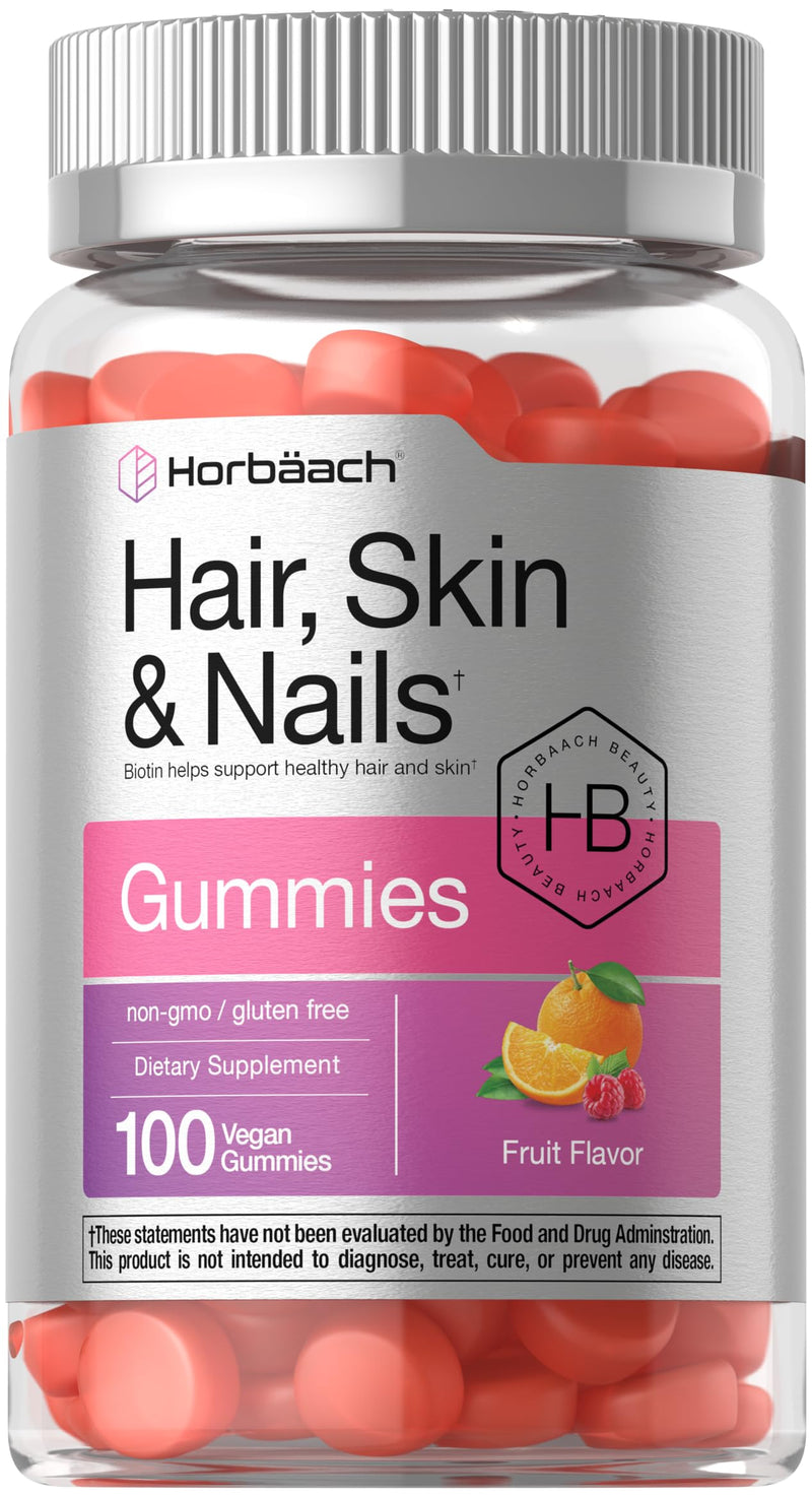 Horbäach Hair Skin and Nails Gummies | 100 Count | with Biotin | Fruit Flavored Vitamins | Non-GMO, Gluten Free Supplement 100 Count (Pack of 1)