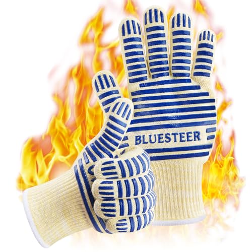 Heat Resistant Oven Gloves with Fingers, Heat Proof Gloves Oven Mitts Blue One Size Fits Most