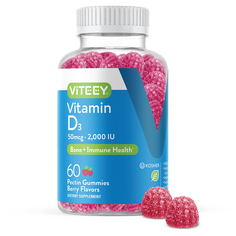 Viteey Vitamin D3 Gummies for Adults & Teens - 2,000 IU, 50mcg | Regular Strength - Joint & Muscle Health, Immune Boost - Chewable Vitamin D Gummies - Vegetarian, Gelatin Free - 60 Count 60 Count (Pack of 1)