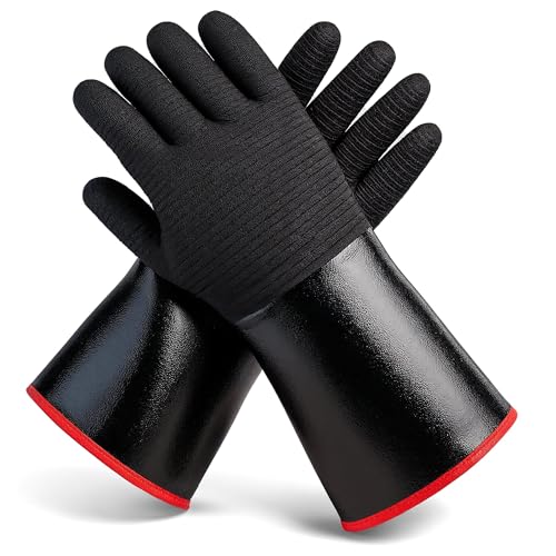 BBQ Gloves - Waterproof and Extreme Heat Resistant up to 932°F - Food-Grade Neoprene Rubber Mitts for Cooking, Grill, Grilling, Oven, Baking, Fire Pit - Non-Slip Grip, Cotton Lining and 14” Sleeve Medium