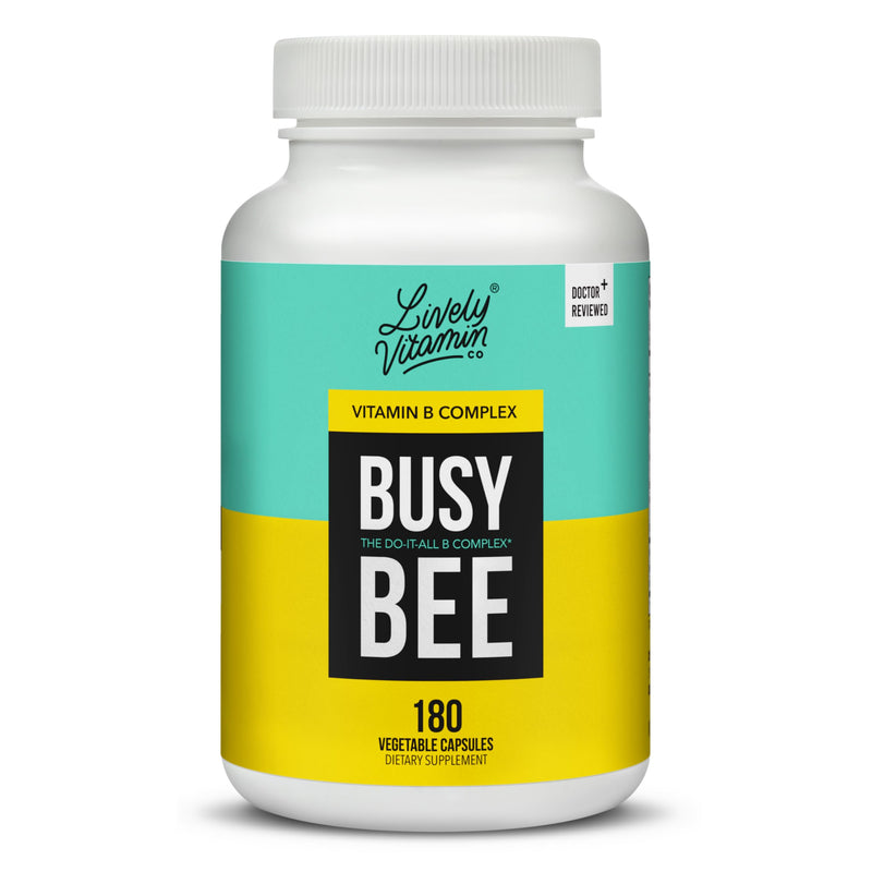 LIVELY VITAMIN CO. Busy Bee - Highly Bioavailable Vitamin B Complex with Choline - Energy - Stress - Brain Fog - Mental Clarity - Oxidative Damage - Dairy Soy Gluten Free - 180 Vegan Capsules